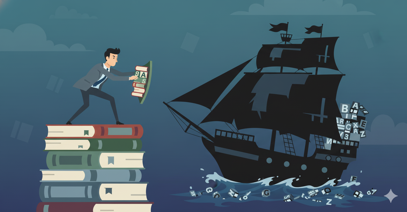 本を盾にして、英語(アルファベット)の黒船に立ち向かうスーツ姿の男性のイラスト